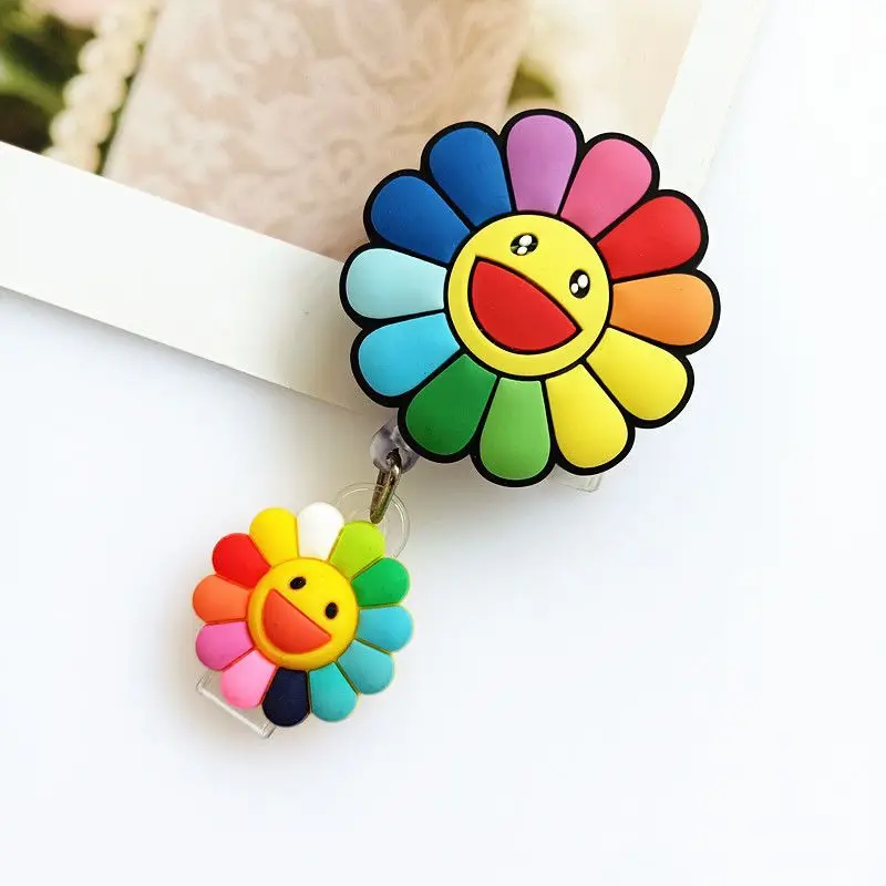 Retractable Badge Reel 1 Piece Soft Silicone Anime Flowers Rainbow Panda Cat Paw ID Card Holder Lanyard