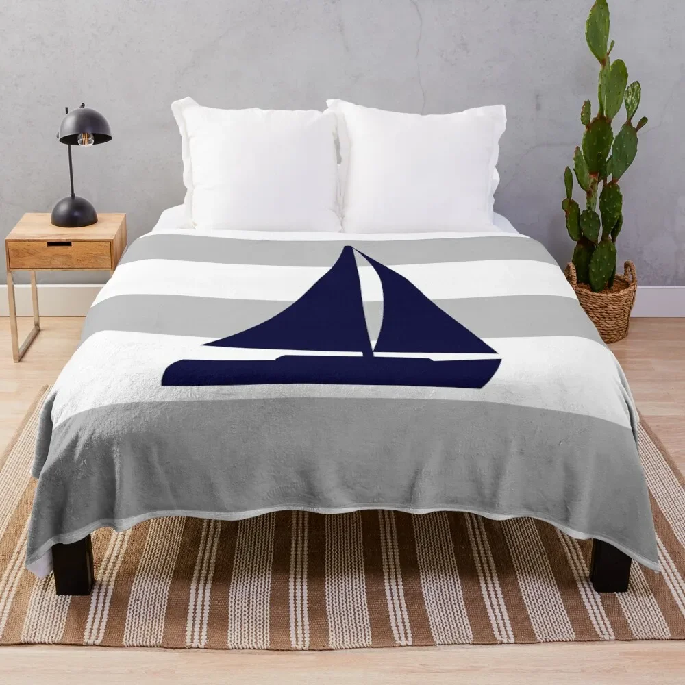 

Nautical Navy Blue Sailboat On Silver Gray Stripes Throw Blanket Furrys wednesday Comforter fluffy Blankets