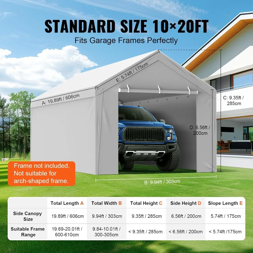 Carport Replacement Canopy Cover Top + Side Wall 10 x 20 ft, Garage Tent Shelter Tarp Heavy-Duty Waterproof & UV Protected, Easy