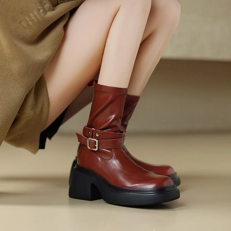 

pop metal buckle genuine leather zip ankle boots for women ladies round toe high heels platform riding boots autumn winter boots