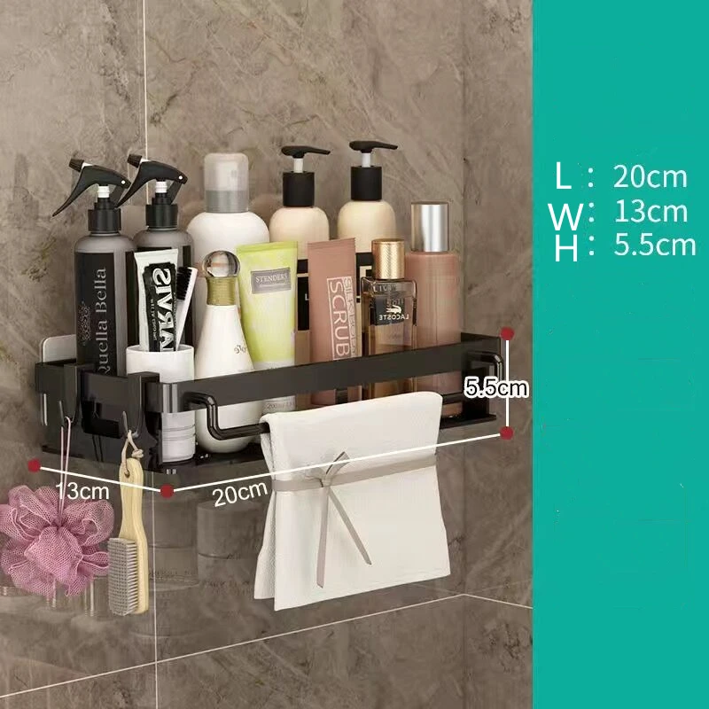Rafturi de baie multifuncționale Raft de colț de perete fără găurire Suport de depozitare pentru duș pentru organizator de șampon pentru prosoape cu 2 cârlige