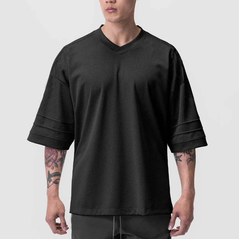 Mesh V-Ausschnitt übergroße halbe Ärmel Fitness T-Shirt Herren Streetwear Hip Hop Mode T-Shirt lose Sport kleidung Bodybuilding T-Shirt