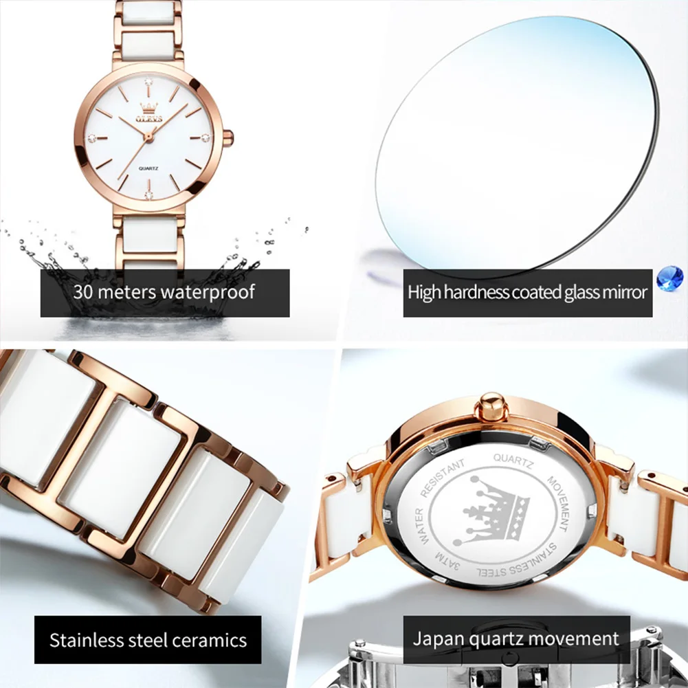 OLEVS Luxury Watch for Women Fashion Stainless Steel Ceramics Strap Waterproof Casual Elegant Women's Quartz Watch Reloj Mujer