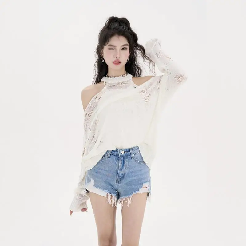 Heißes neues Damen-Stricktop mit Cut-Outs, langen Ärmeln, schulterfreiem Design und Rissen – locker sitzendes Sommer-T-Shirt mit Sonnenschutz