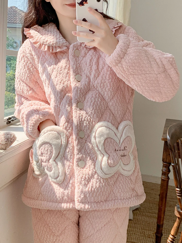 따뜻한 잠옷 여성 겨울 따뜻한 코랄 플리스 코랄 플리스 삼중 코랄 플리스 여성 겨울 따뜻한 코랄 플리스 잠옷 파자마 잠옷