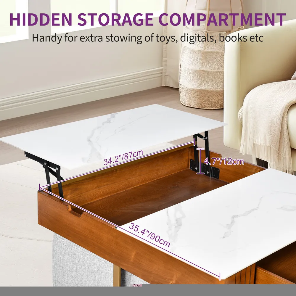 White Marble Lift Top Coffee Table Set Square Table w/ 4 Stools for Living Room 6