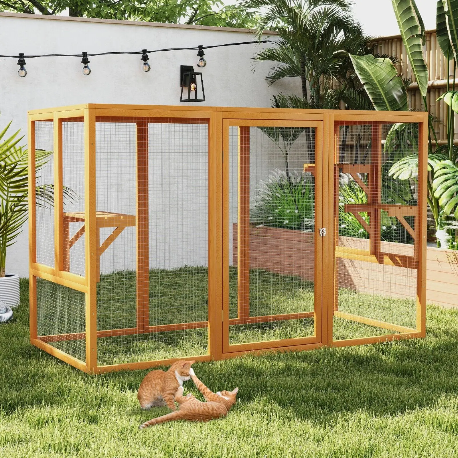 Cat Catio Outdoor Cat House Wood with Platforms Lockable Enter Door Orange