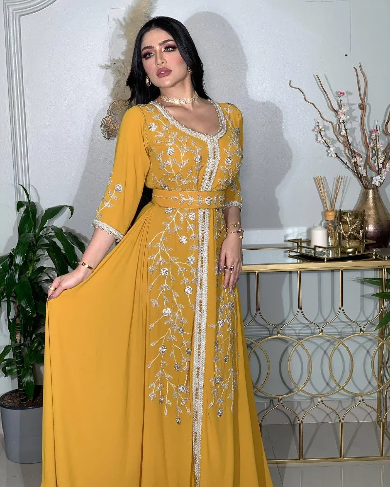 Dubai Caftan Hot Drill Yellow Kaftan Gown U-neck 5/4 Sleeve Waist Retraction Long Skirt