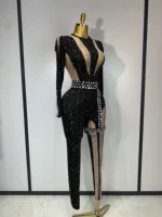 Sexy Sparkly Diamond Black Long Sleeves Bodycon Mesh Jumpsuit Evening Party Nightclub Bar Singer Performance Stage Costume - Image 2
