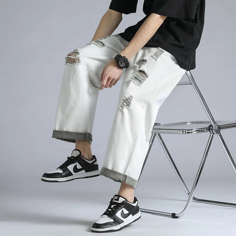 

White ripped jeans men fashion simple trousers hiphop trend high street loose straight wide leg denim long pants four seasons