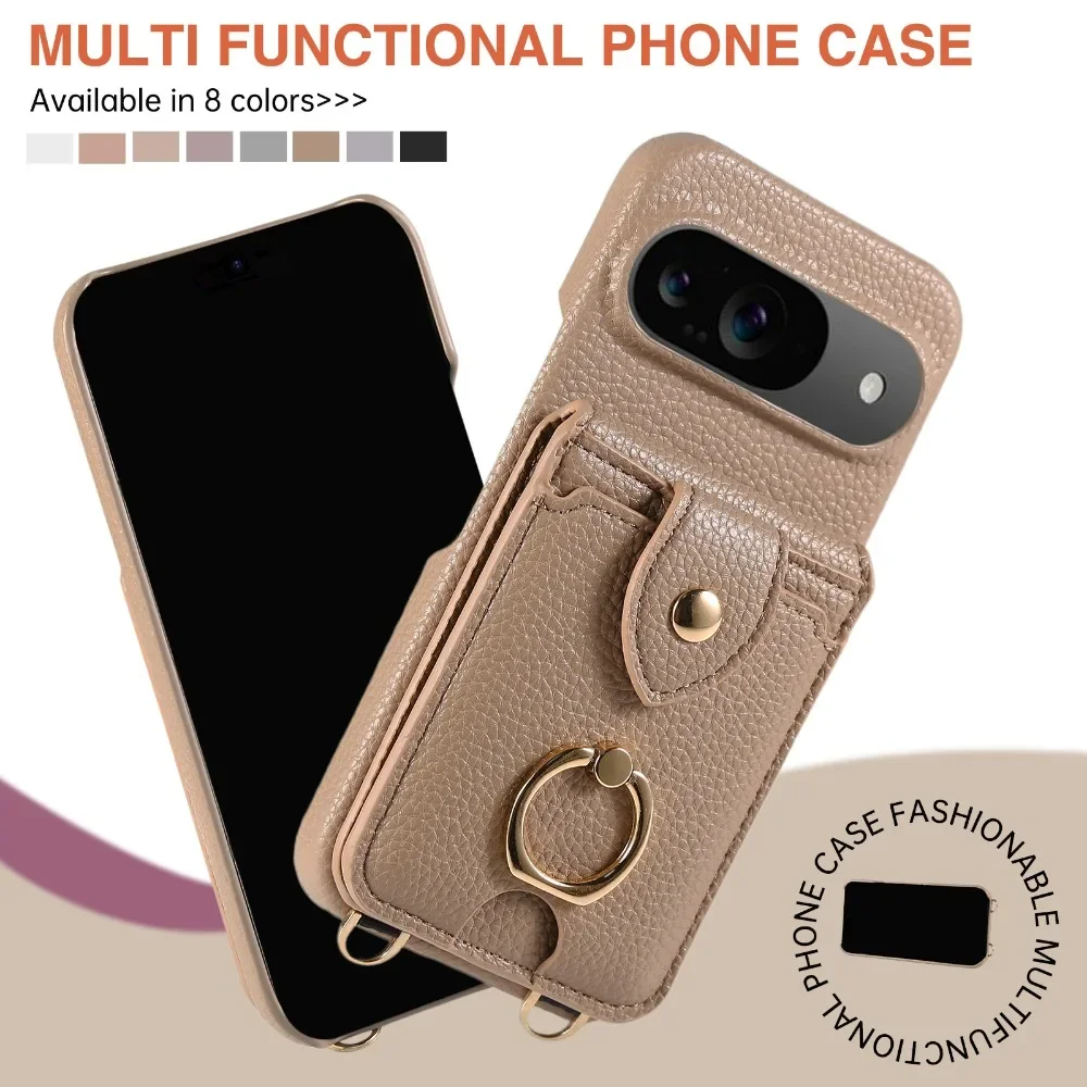 Dual-Function Leather Phone Case with Crossbody Ring and Mirror Wallet