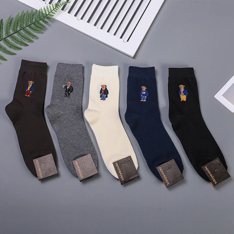 5 Pairs Bear Men's Socks Cartoon Gentleman Harajuku Skateboard Socks Wnter Warm Novelty Breathable Business Sox Christmas Gift