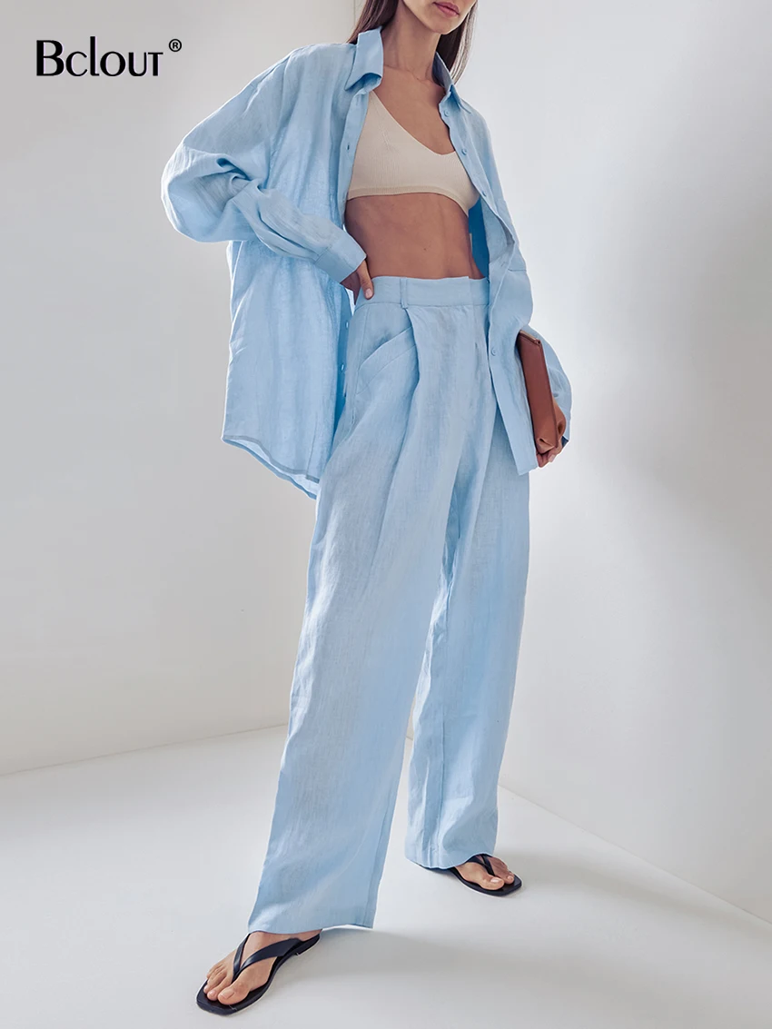 

Bclout Summer Loose Blue Cotton Pants Sets Women 2 Pieces Fashion Long Sleeve Solid Shirts Casual Straight Long Pants Suits 2024