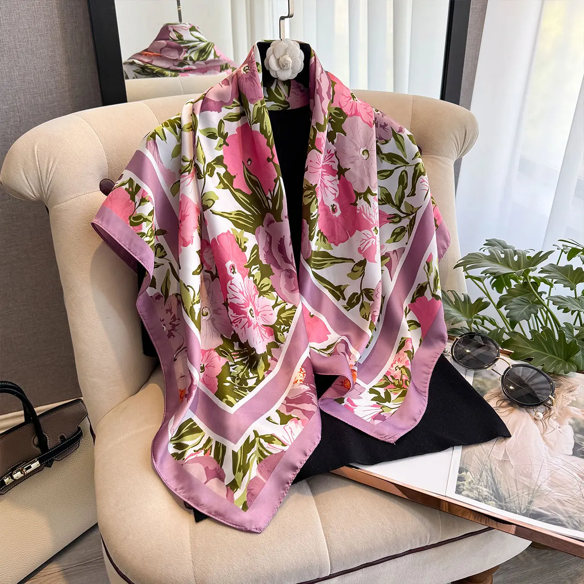 New Spring and Summer Design Luxury 90cm Women Scarf Sunscreen Foulard Shawl Hijab Female Hair Hijab Wraps Neckerchief Bandanda