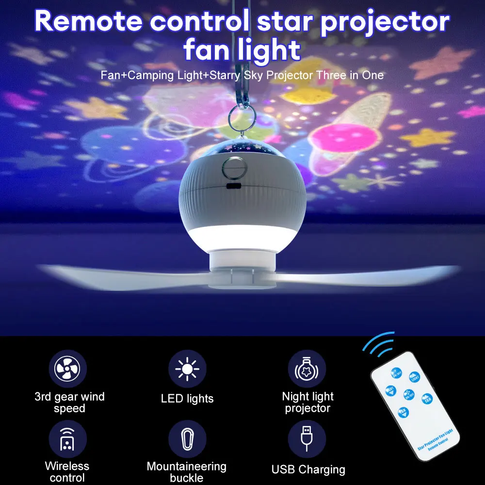 

Galaxy Stars Projector Fan Light Rechargeable Ceiling Light Remote Control Camping Lamp 3 Speed Ceiling Fan Atmosphere Light