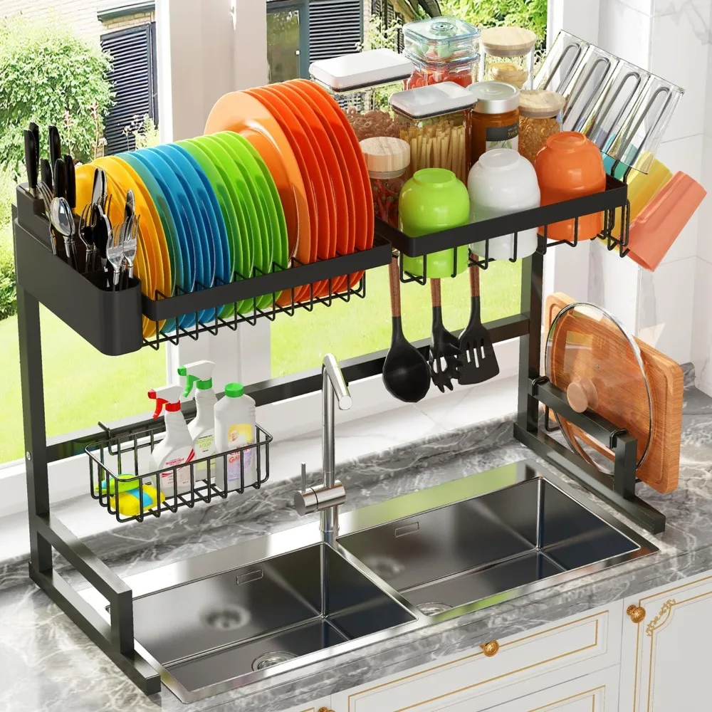 

ADBIU Over The Sink Dish Drying Rack (Expandable Height and Length) Snap-On Design 2 Tier Large Dish Rack Stainless Steel