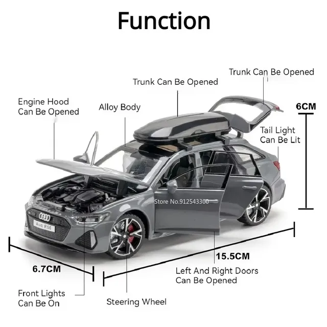 1:32 A8 RS6 Car Model Toy Doors Opened Sound Light Alloy Diecast Shock Absorption Simulation Vehicle Models Ornaments Gifts 3