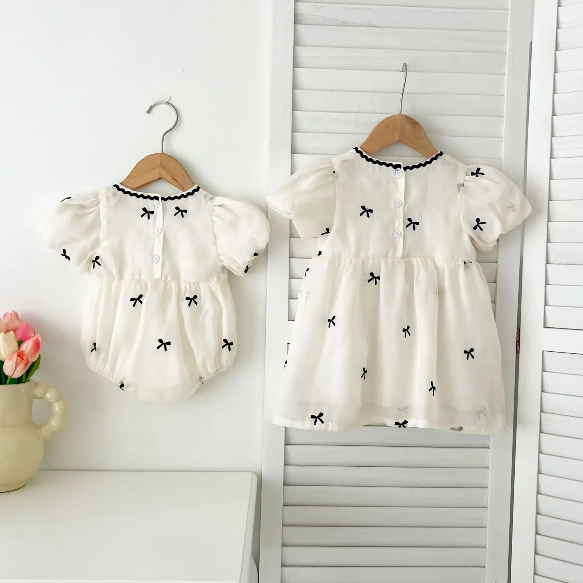 Sisters' Cotton Baby Girl Puff Sleeve Romper & Princess Dress 2