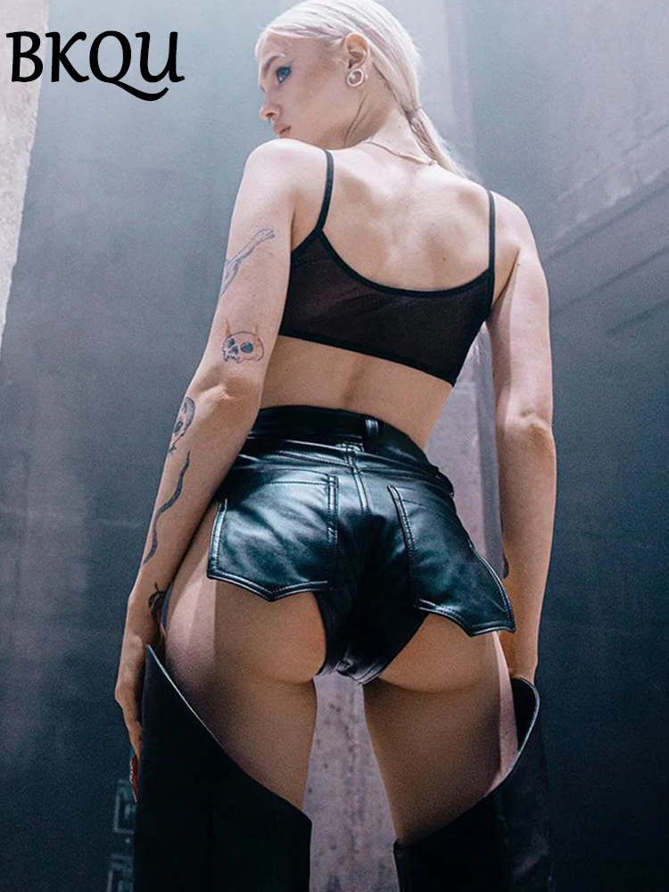 

BKQU Sexy Leather Shorts Women Chic Pockets High Waist Stretch Zipper Micro Shorts Night Club Party Rave Hot Girl Mini Bottoms