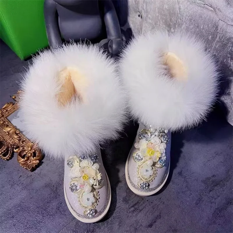 

Rhine-diamond flower pearl handmade custom fox hair boots Winter plus fleece warm fur one-piece boots women's size 35-44