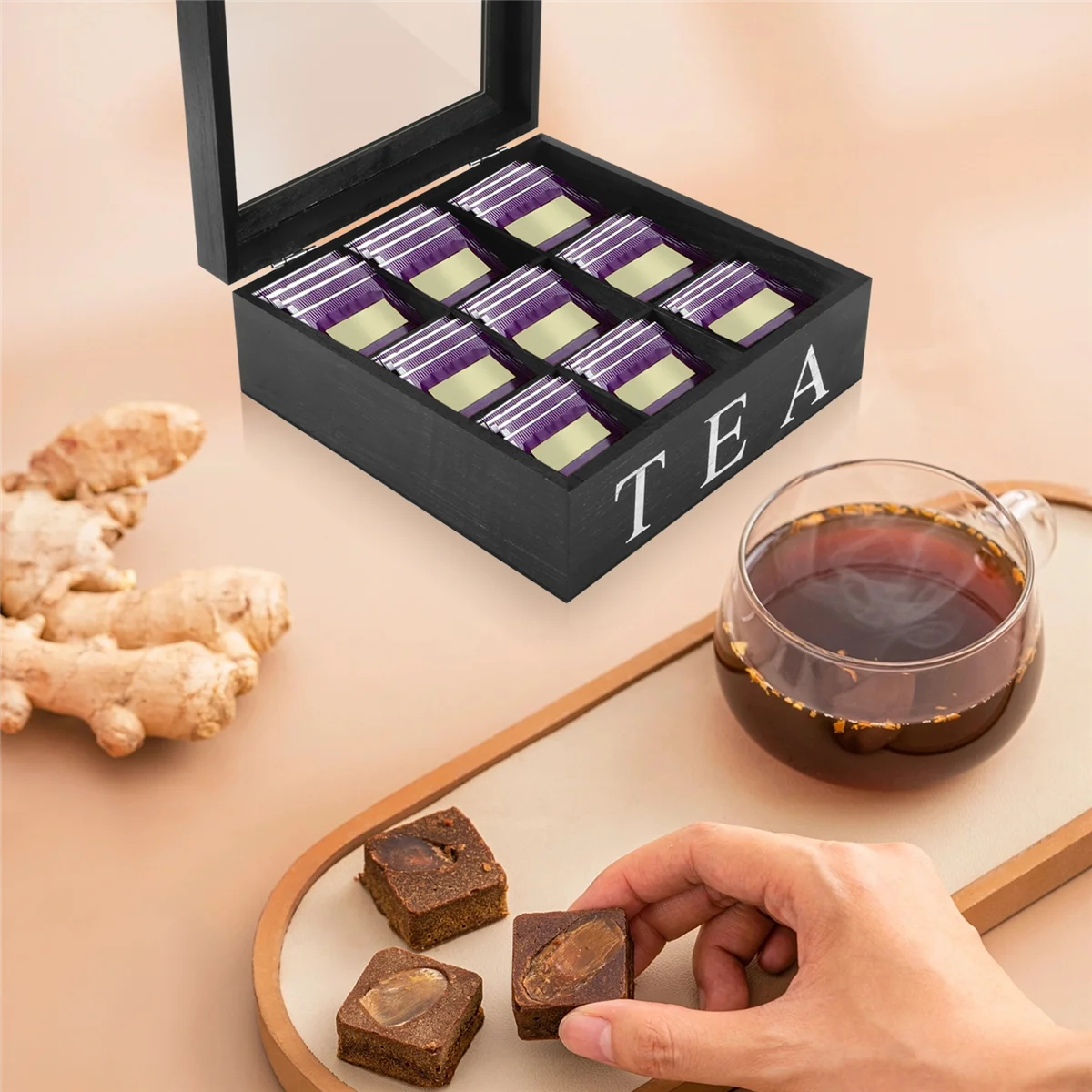 Tea Storage Box Wooden 9 Grids Transparent Top Lid