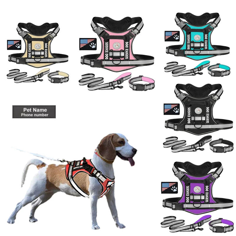 

Custom Personalized Name Pet Dog Harness Collar and Leash Set for Small Large Dogs Reflective Adjustable Pet Vest Harnesses