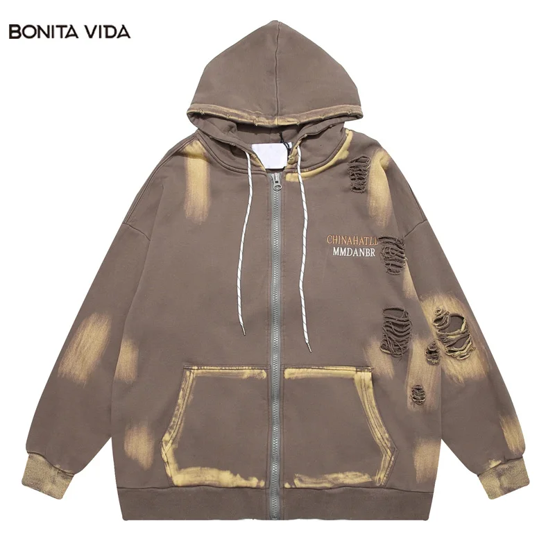 

Vintage Washed Hip Hop Streetwear Hoodie Men 2023 Autumn Winter Cotton Letter Embroidery Hooded Loose Hole Sweatshirt Coat