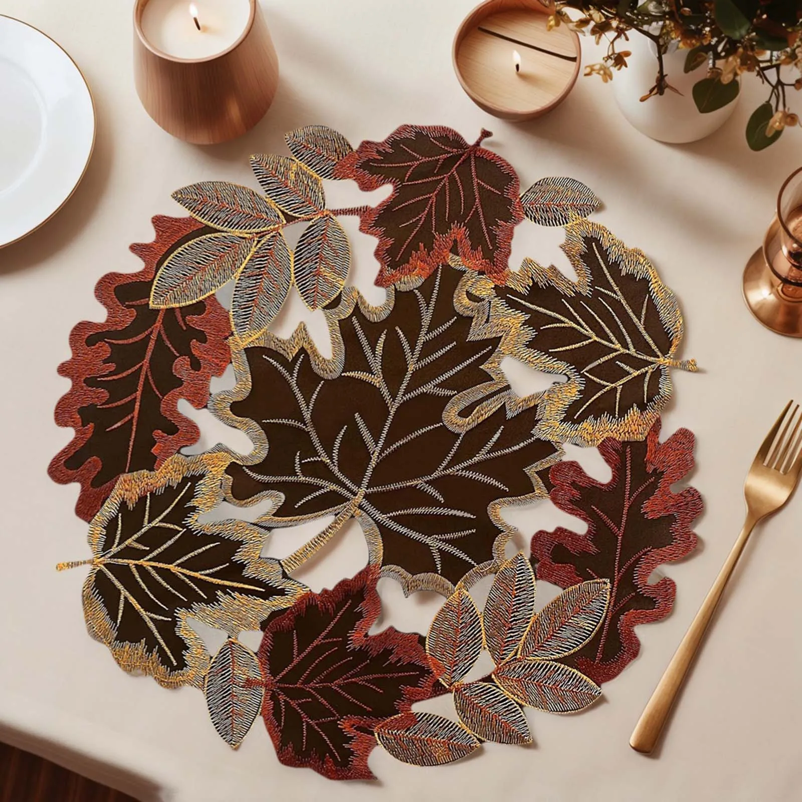 Maple Leaf Pattern Table Mat W/ Lace Autumn Maple Leaf Hollow Embroidery Table Runner for Home Party Kitchen Dining Decor