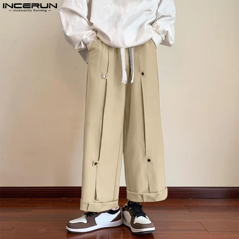 

INCERUN Men Wide Leg Pants Solid Color Drawstring Joggers Loose Trousers Men Streetwear 2023 Button Casual Straight Pants S-5XL