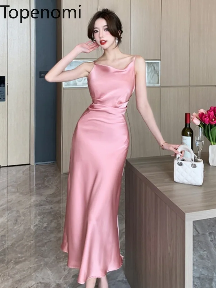 

Topenomi Halter Ribbon Satin Evening Dress Women Gown Sexy High Waist Temperament Slim Fit Sleeveless Banquet Party Long Dresses