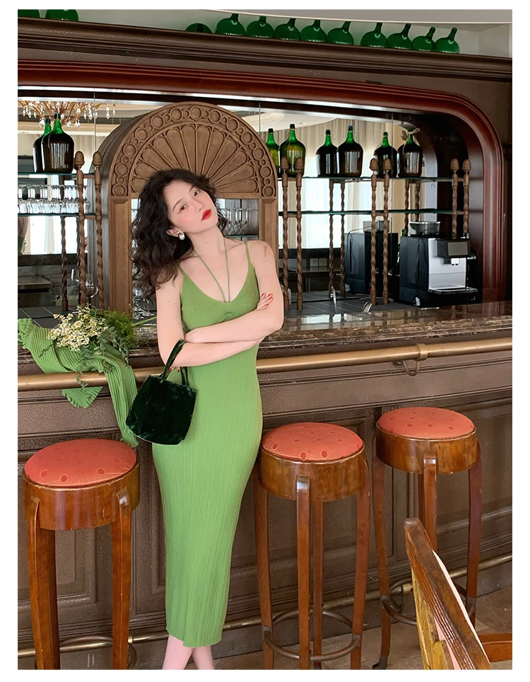 Vintage Chic Knitted 2-piece Dress Set Women Crop Cardigan V-neck Spaghetti Strap Bodycon Midi Dress Autumn New Female Clothing