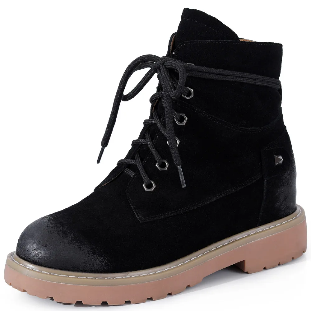 

Women's natural suede leather lace-up flats autumn ankle boots round toe casual short martin boots internal increase boots shoes