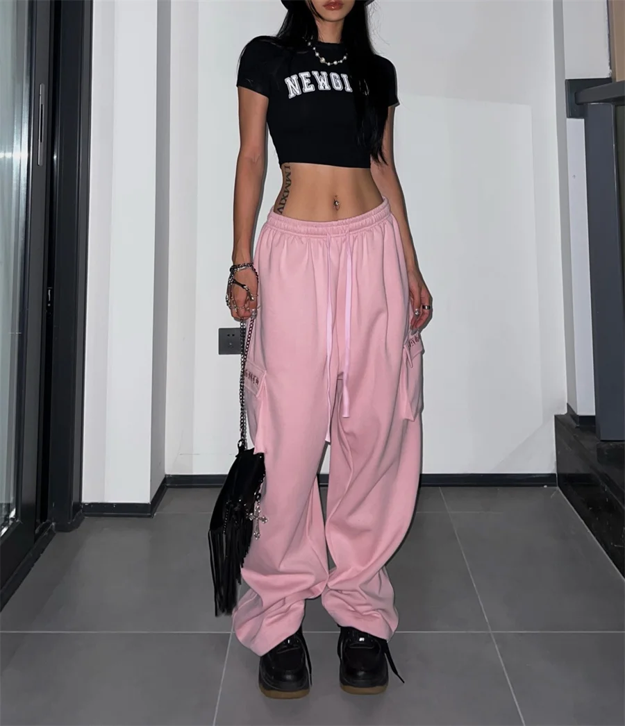 Women's Pants American Retro Wide-leg Pants Pink y2k Style Jogging Pants Loose Street Hip Hop Casual Cargo Pants Trousers casual baggy low rise jeans pocket patchwork fashion streetwear cargo pants women jogging loose denim trousers 90s retro