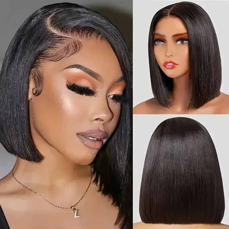 200% Dichte Kurze Gerade Bob Echthaar-Perücken 13x4 HD Spitze Natürliche Schwarze Farbe Bob Gerade Perücke Echthaar-Perücken für Frauen – Detail 5