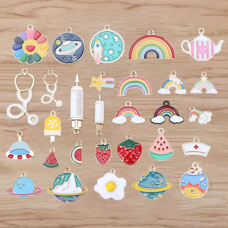 

10 Pieces Enamel Fruit Planet Rainbow Clouds Charms Pendants for DIY Jewelry Making Colorful Flower Necklaces Accessories