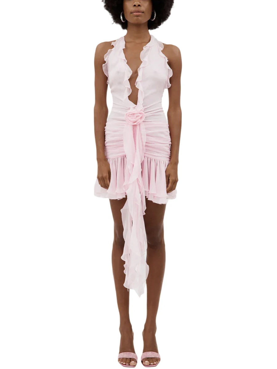 

Женское Повседневное платье без рукавов с разрезом, прозрачные сетчатые асимметричные платья с 3D цветами и оборками на Подоле и кисточками