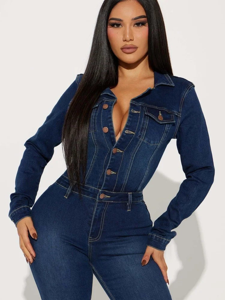 Wmstar Jumpsuits Rompers Women Wholesale Fitted Elastic Flared Flared Washable Long Sleeved Denim One Piece Summer 2025