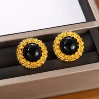 Europe America Brass Plated 18K Gold Black Agate Earring Woman Fashion Party Jewelry Trend