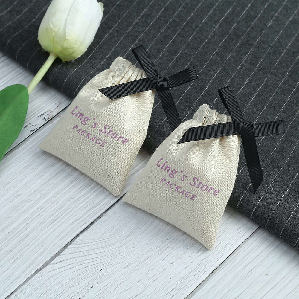 100 Personalized Logo Custom Nature Cotton Drawstring Bags Jewelry Pouches Packaging Chic Wedding Favor Bag with Black Ribbon