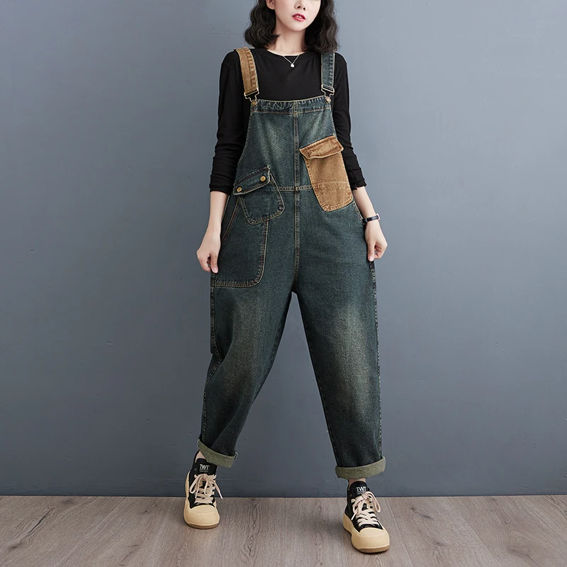 Korean Style Oversized Denim Straps Trousers Autumn Block Color Patchwork Female Students Preppy Style Woman Jumpsuits Overalls