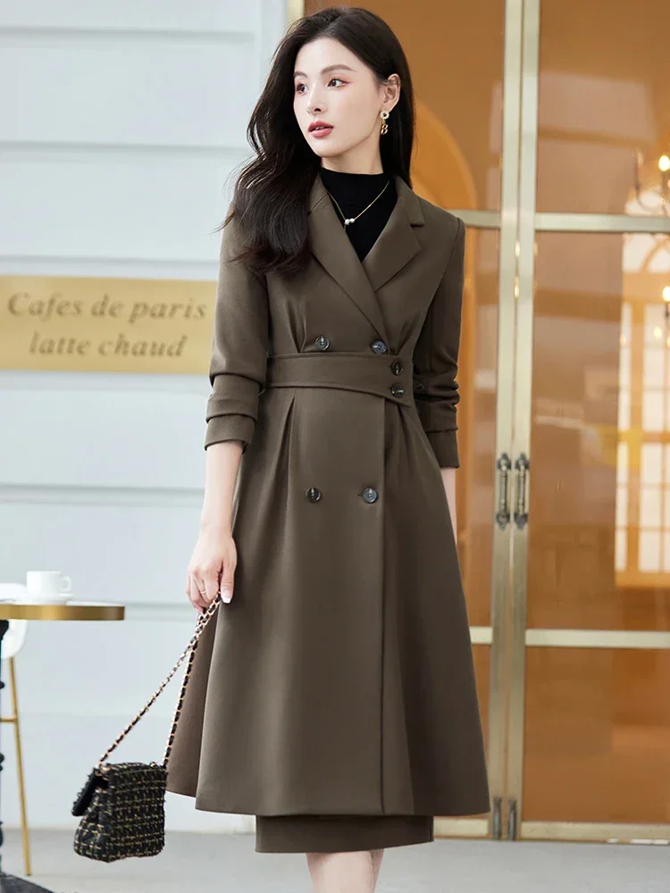 Womens Skirt Suit 2 Piece Set Notched Collar Long Overcoat