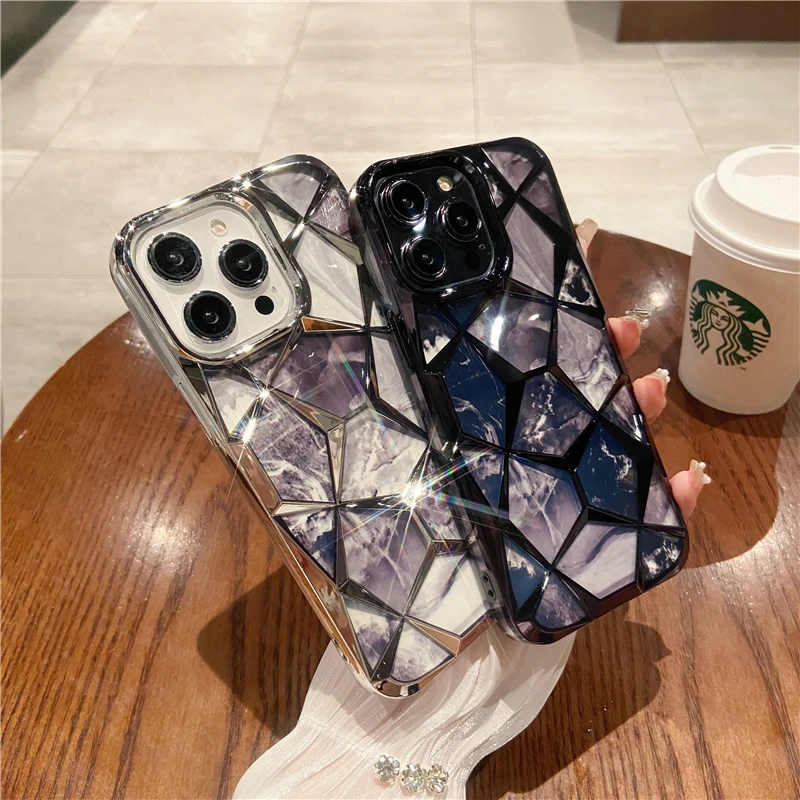 Luxury Plating Marble Colorful Pattern Frame Phone Case - Protective Cover