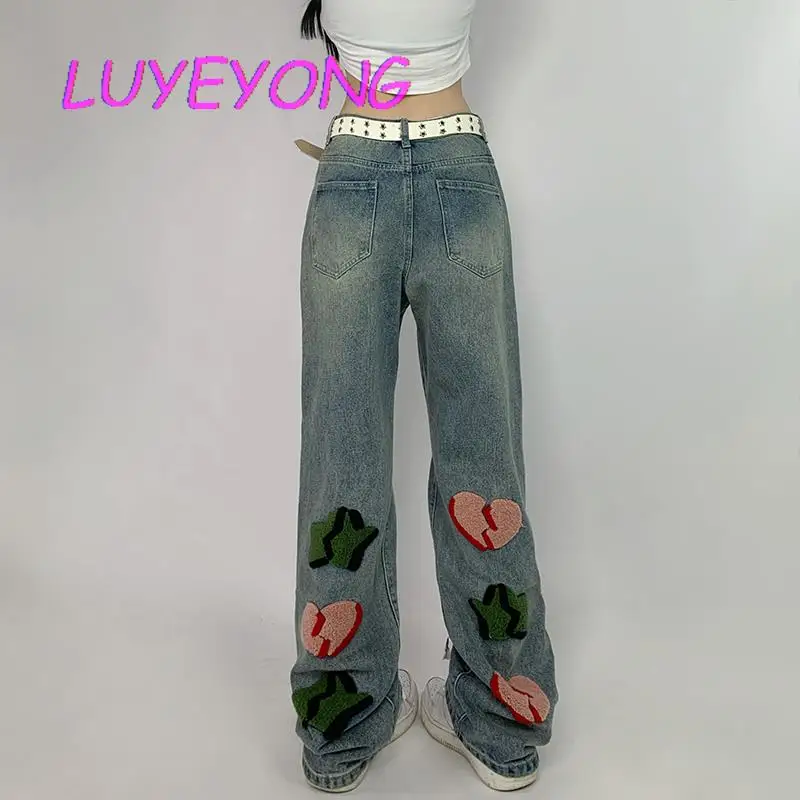 

Harajuku Mujer Empire Hip-hop Trouser Lady Embroidery Love Stars Long Denim Pants Female High Street Straight Jeans 2023 Autumn