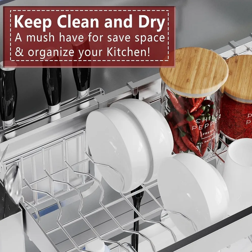 Over Sink Dish Drying Rack, 2 Tier Full Stainless Steel Storage Adjustable  Kitchen Rack, Multifunctional Expandable 5