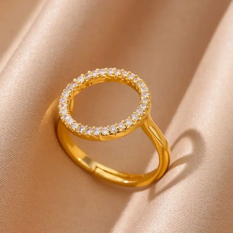 Fashion Zircon Hollow Round Rings for Women Stainless Steel Gold
