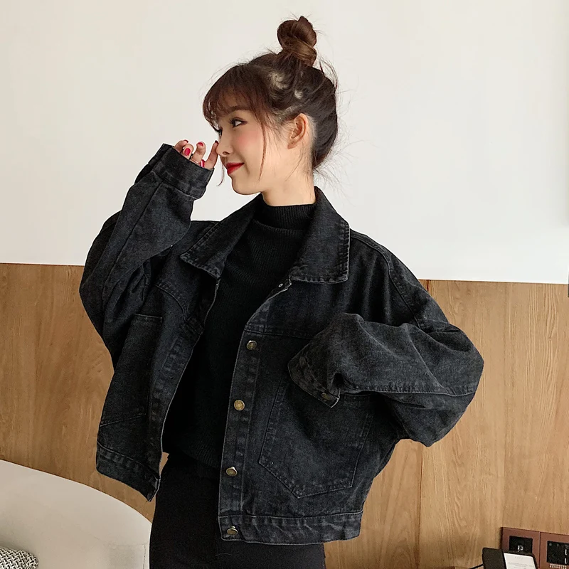 블랙 데님 재킷 여성 가을/겨울 루즈핏 빈티지 크롭 트렌디 디자인 감성 재킷 