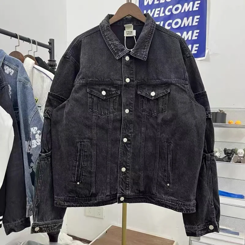 

Heavyweight FAR.ARCHIVE Washed Black Cropped Denim Jacket Men's Women's Retro Jacket Coats