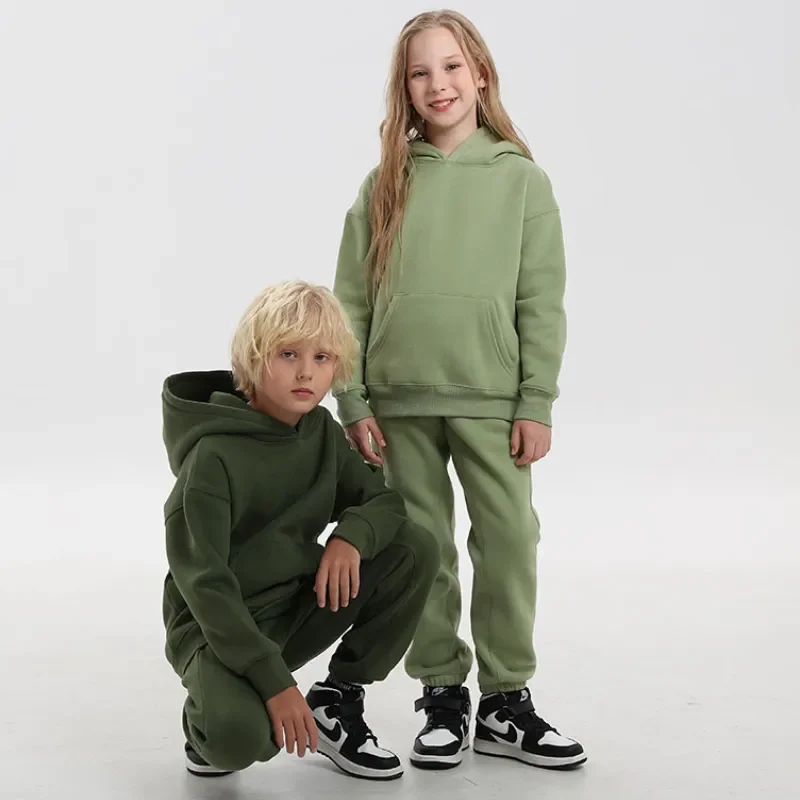 

Winter Sportswear for Boys Hoodies Sweatpants Fleece Thick Warm Teen School Girls Tracksuit Cotton Casual Children Clothing Set