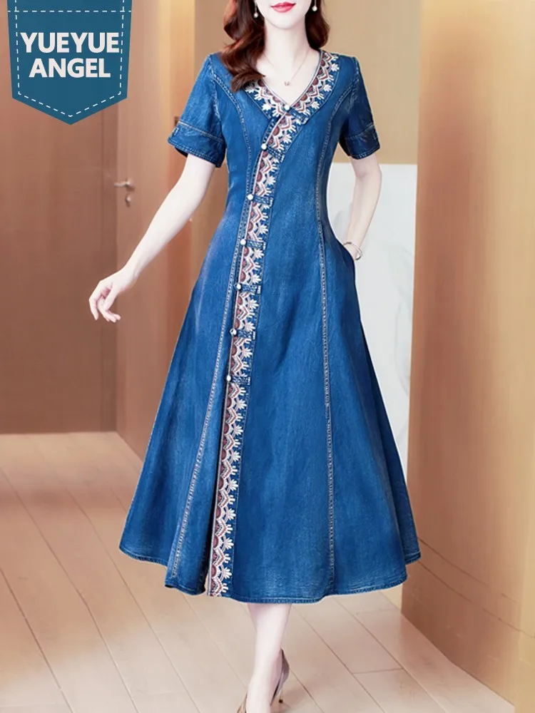 

Elegant Denim Dress Summer New Embroidery Ethnic Style Short Sleeve Long Dress V-Nekc High Waist Office Lady A-Line Dress