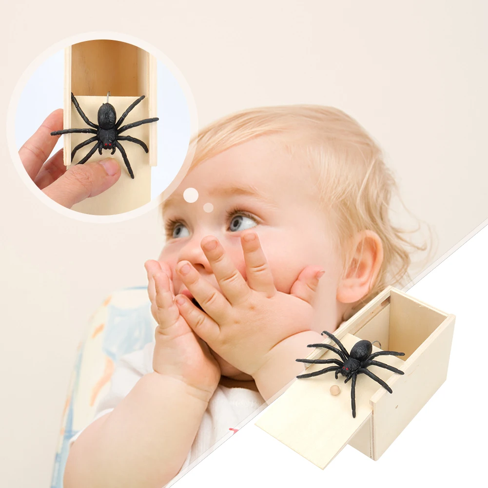 Spider Wooden Box Scare Toy Prank Reusable Play Trick Joke Toys Durable Jump Scare Toy Nontoxic Party Props for Adults Kids Gift